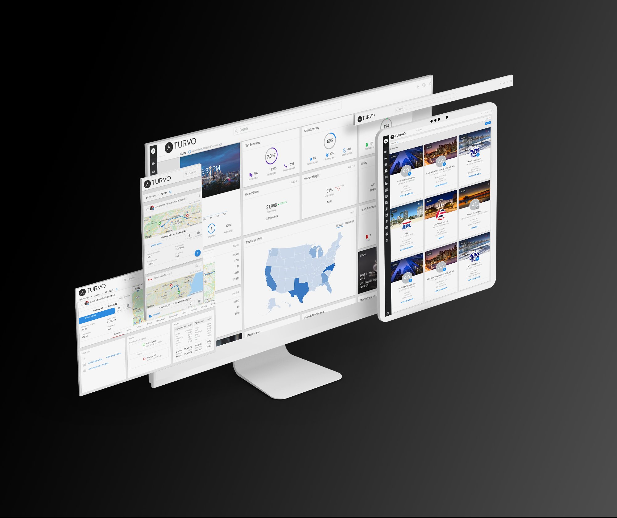 Turvo TMS enterprise dashboard showing real-time freight shipment management